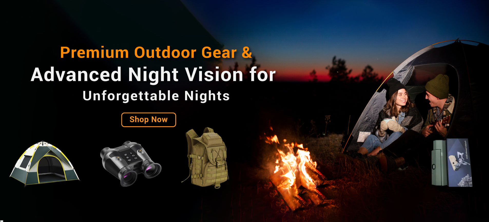 Promotional banner for premium outdoor gear with people around a campfire at night.