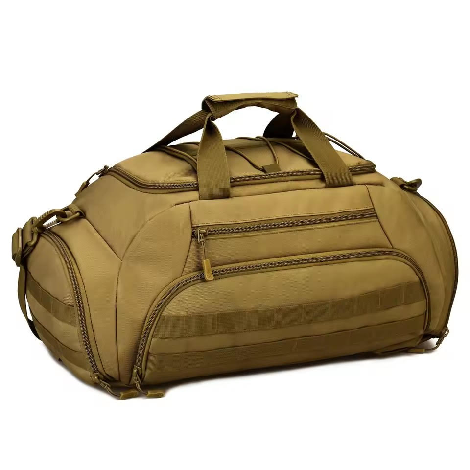 Tan duffel bag with multiple straps on a white background