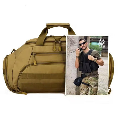 Tan tactical duffel bag with a person wearing camouflage gear and sunglasses in the corner.