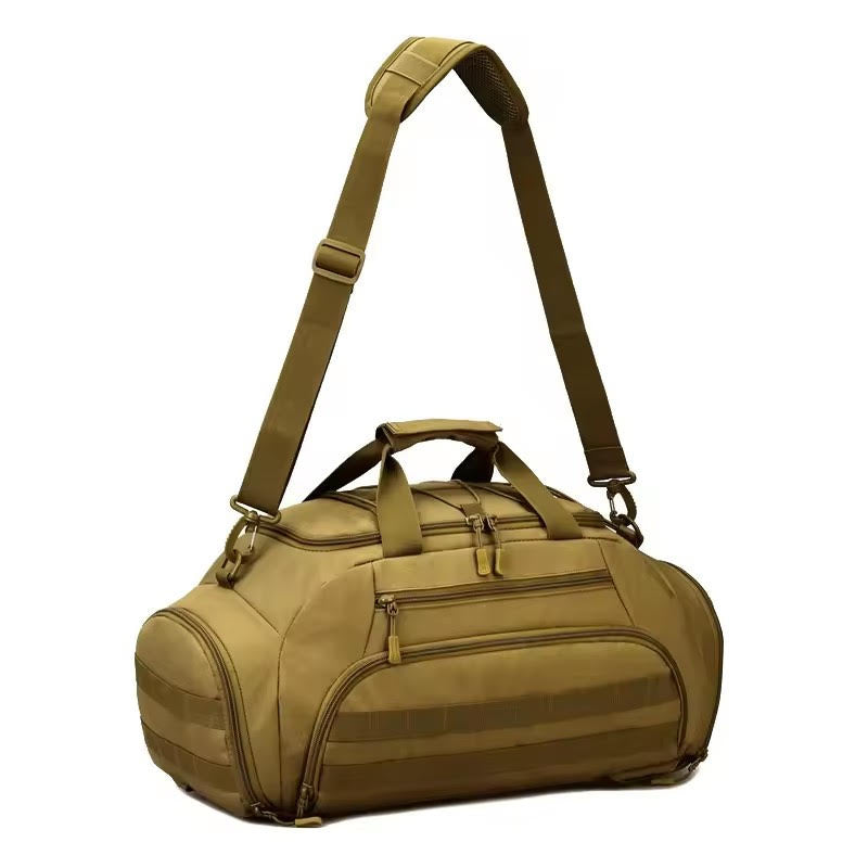 Tan duffel bag with a shoulder strap on a white background